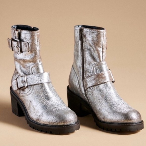 SEYCHELLES Distressed Pewter Moto Combat Chunky Ankle Biker Boot Cowboy Carter - Picture 2 of 10